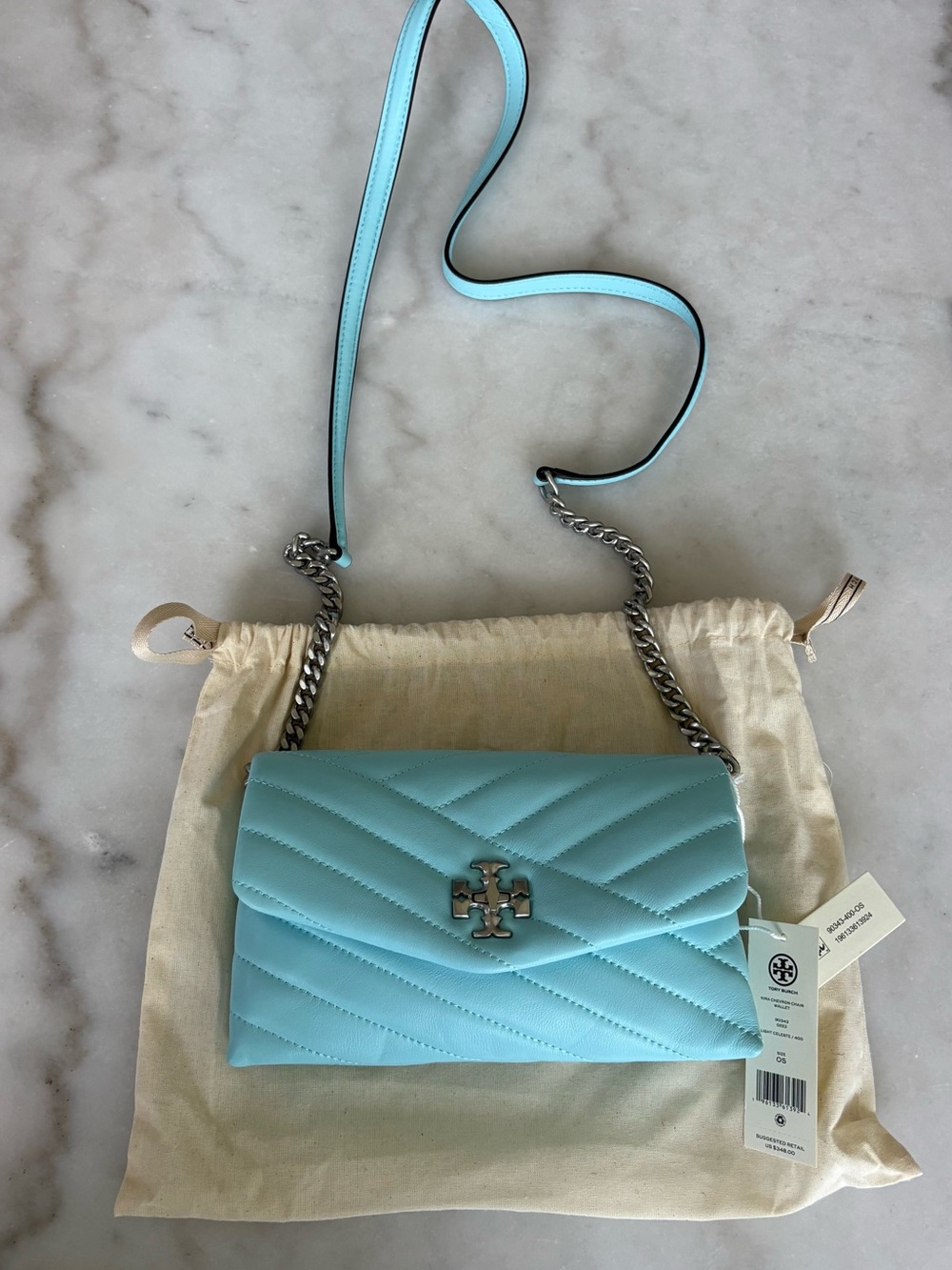Tory Burch Kira Chevron Leather Chain Wallet Light Celeste Blue New With Tags